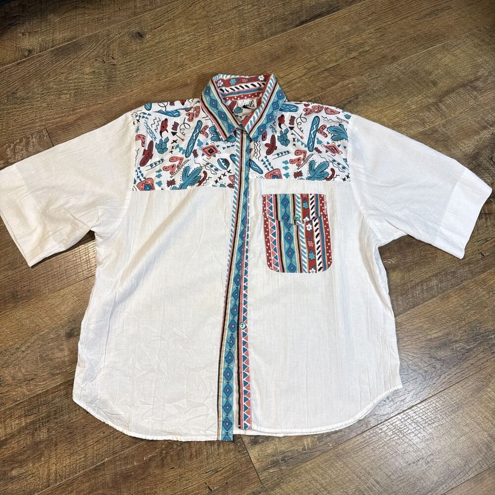 Vintage Tap & Co Womans Western  Cactus Short Sleeve Button Down Shirt Large P